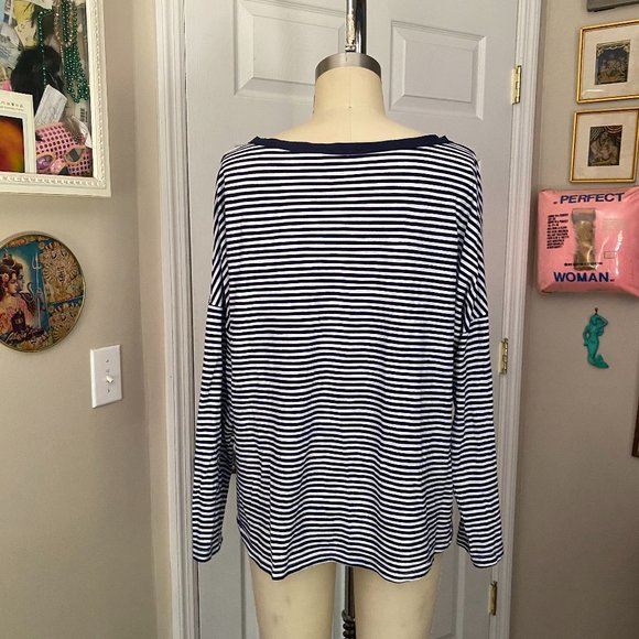 ROSSOPURO Navy & White striped Slouch nautical Tissue thin T-Shirt *LARGE* - Picture 4 of 5